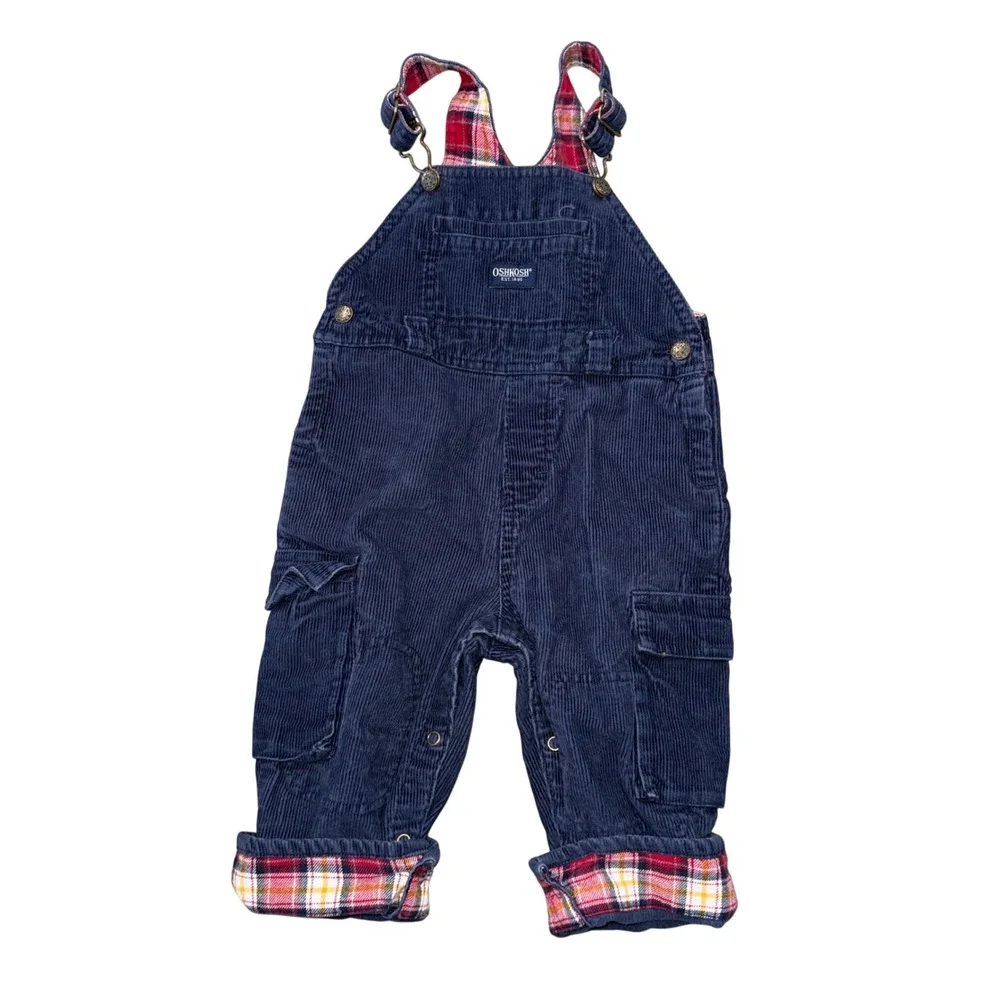 OshKosh Corduroy Overalls Kids 18M Navy Blue Excellent Plaid Lined Cargo Bibs